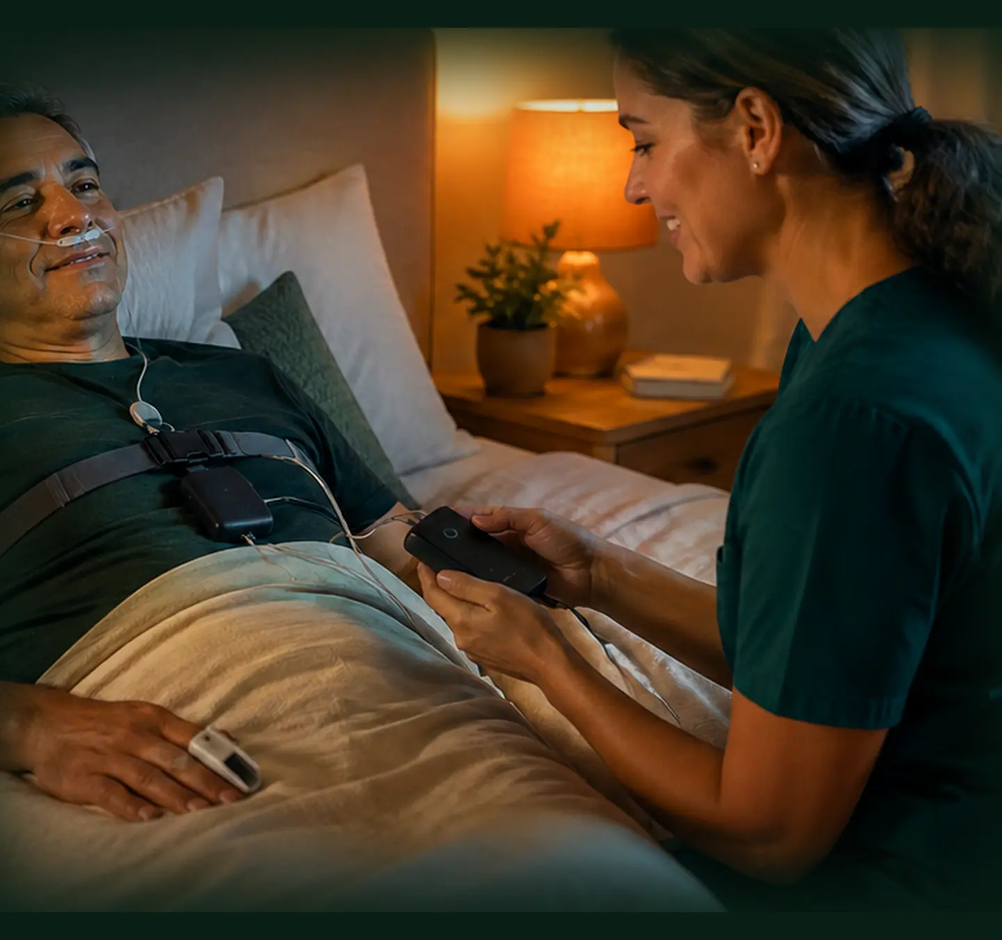 Profissional ajustando equipamento de exame do sono em paciente na própria cama