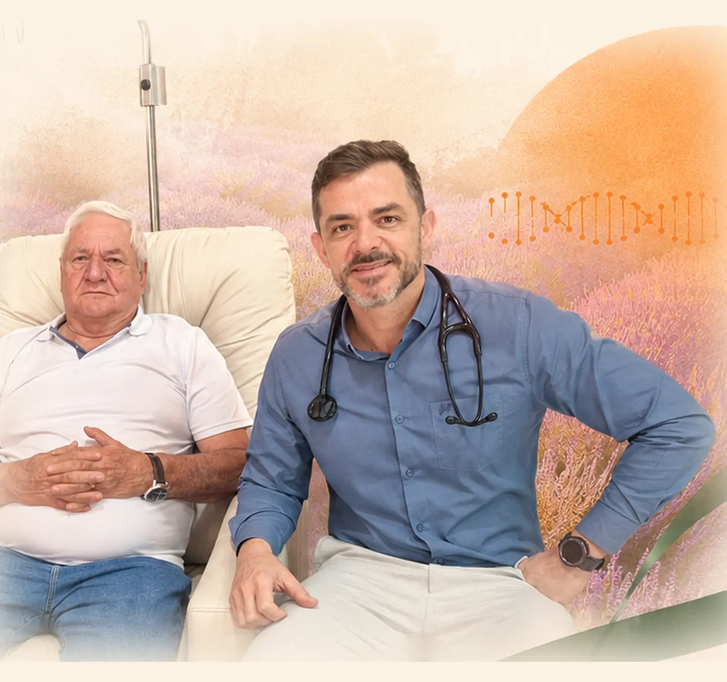 Paciente e médico em ambiente claro da clínica de infusão